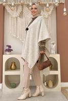 Tesettür giyim BEJ PÜSKÜL DETAYLI PANÇO T 4061