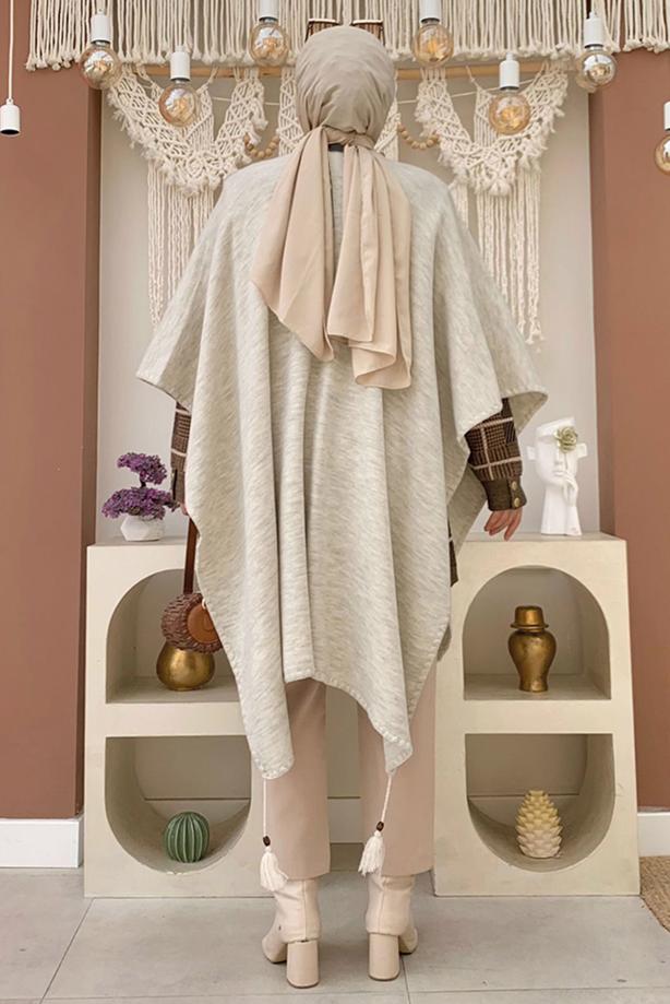 Tesettür giyim BEJ PÜSKÜL DETAYLI PANÇO T 4061 - TRENDTESETTÜR