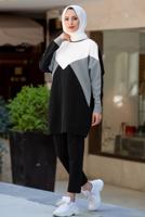 Tesettür giyim GRİ BLOK DESENLİ PANTOLONLU TAKIM T 4102