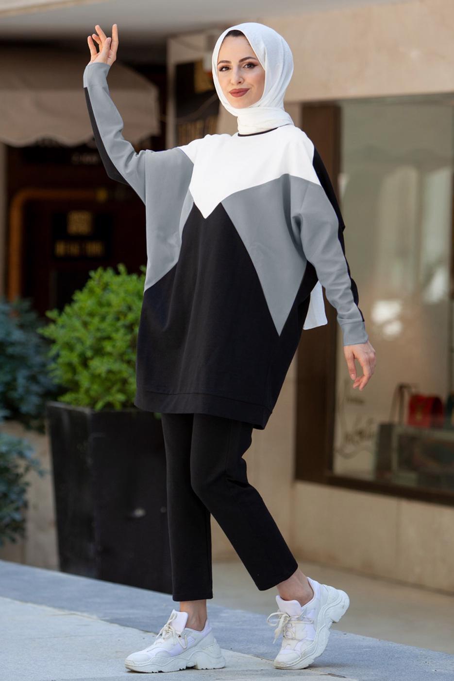 Tesettür giyim GRİ BLOK DESENLİ PANTOLONLU TAKIM T 4102