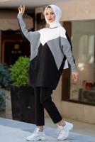 Tesettür giyim GRİ BLOK DESENLİ PANTOLONLU TAKIM T 4102