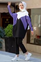 Tesettür giyim MOR BLOK DESENLİ PANTOLONLU TAKIM T 4102