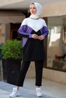Tesettür giyim MOR BLOK DESENLİ PANTOLONLU TAKIM T 4102