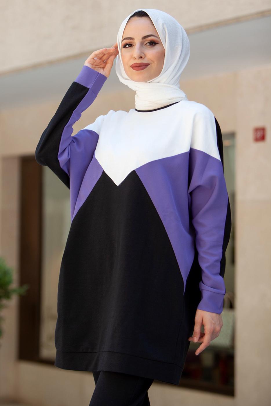 Tesettür giyim MOR BLOK DESENLİ PANTOLONLU TAKIM T 4102