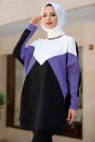 Tesettür giyim MOR BLOK DESENLİ PANTOLONLU TAKIM T 4102