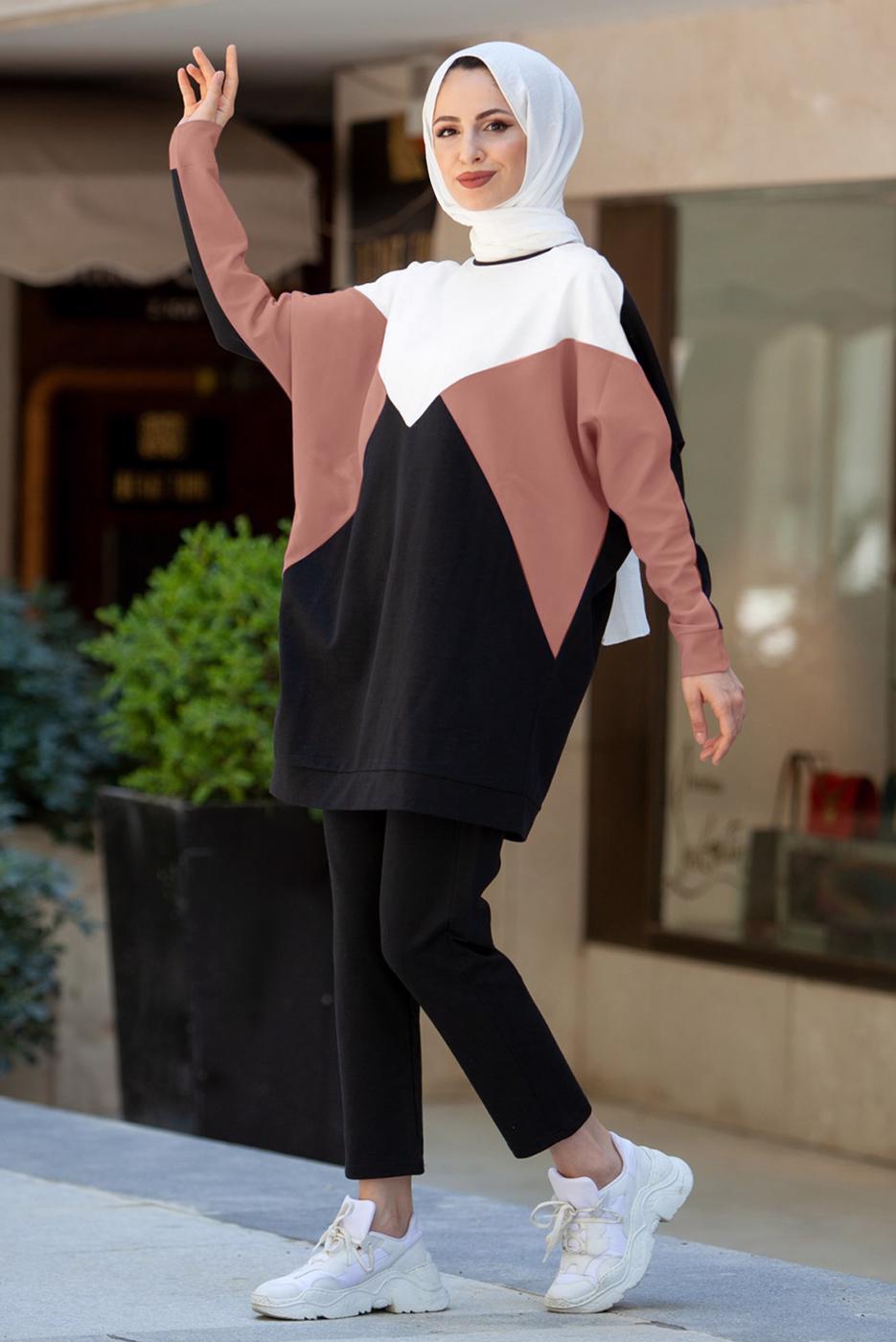 Tesettür giyim PUDRA BLOK DESENLİ PANTOLONLU TAKIM T 4102