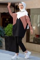 Tesettür giyim PUDRA BLOK DESENLİ PANTOLONLU TAKIM T 4102