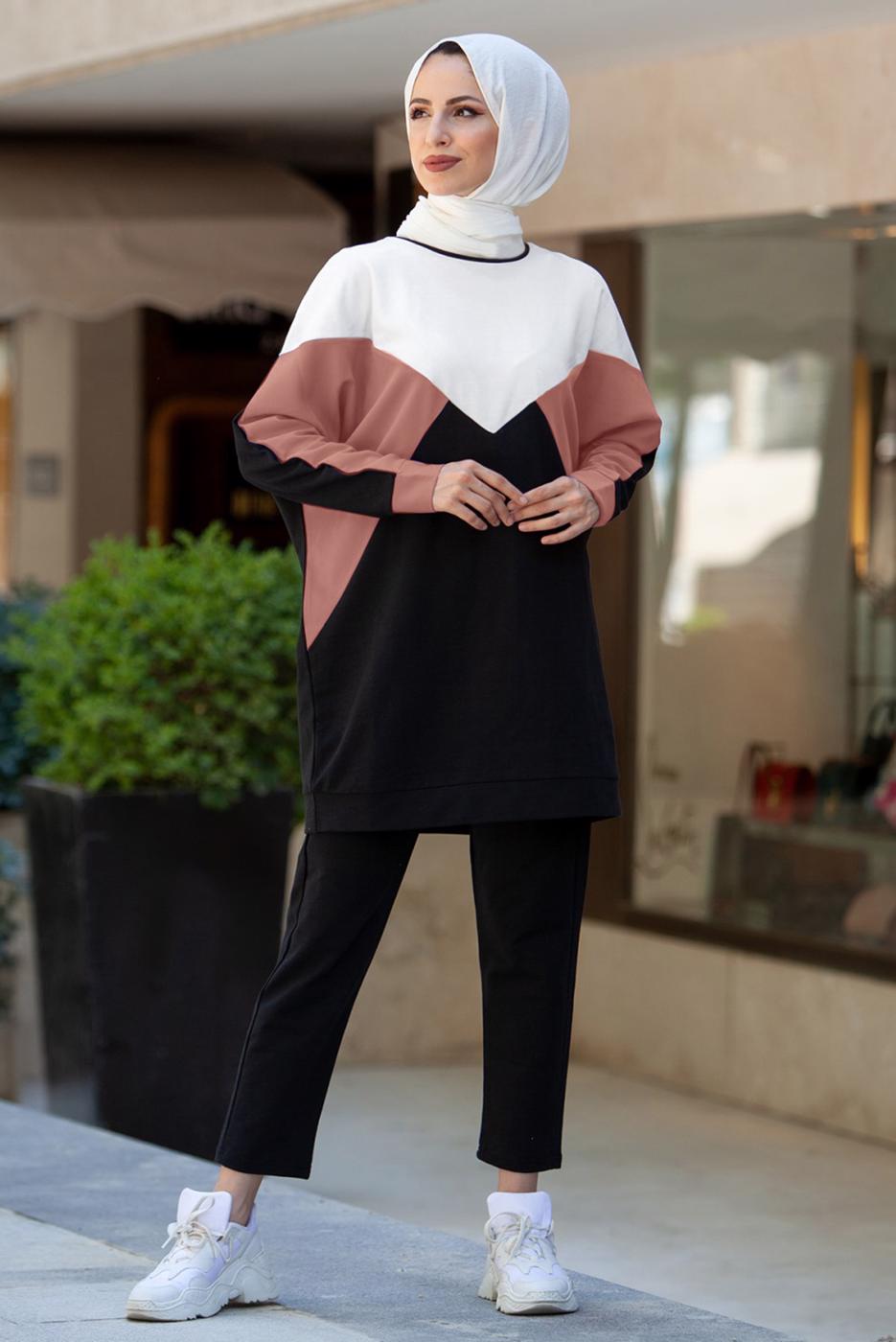 Tesettür giyim PUDRA BLOK DESENLİ PANTOLONLU TAKIM T 4102