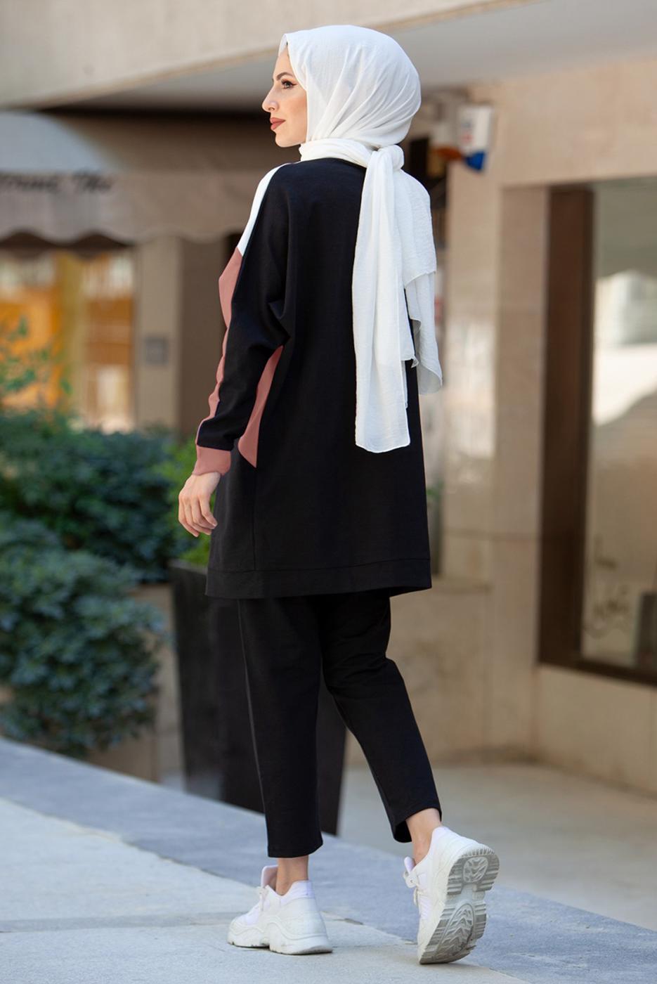 Tesettür giyim PUDRA BLOK DESENLİ PANTOLONLU TAKIM T 4102