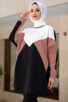 Tesettür giyim PUDRA BLOK DESENLİ PANTOLONLU TAKIM T 4102