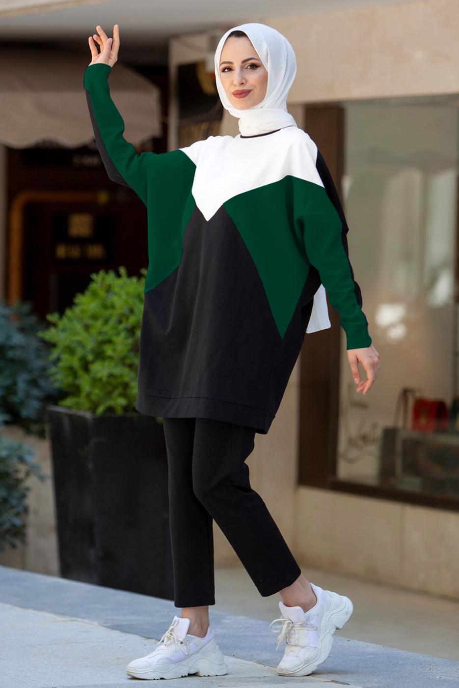 Tesettür giyim YEŞİL BLOK DESENLİ PANTOLONLU TAKIM T 4102