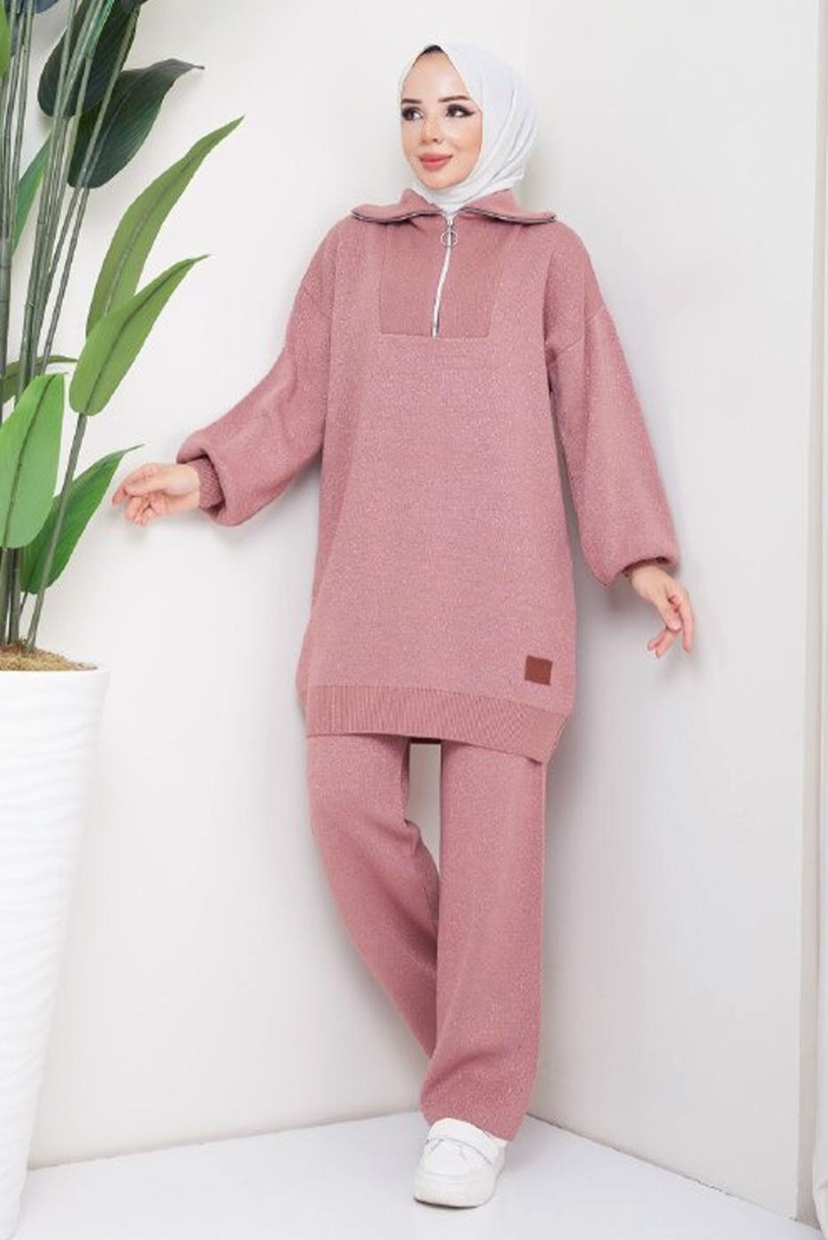 Tesettür giyim PEMBE PANTOLONLU TRİKO TAKIM T 41421