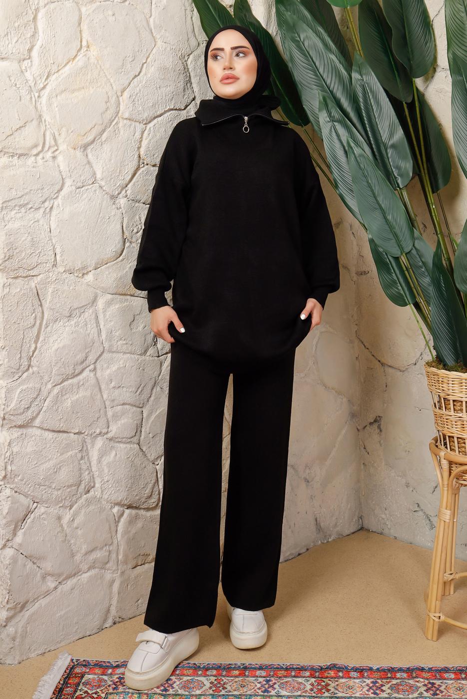 Vêtements hijab NOIR COSTUME PANTALON EN TRICOT À TAILLE ÉLASTIQUE T 4208