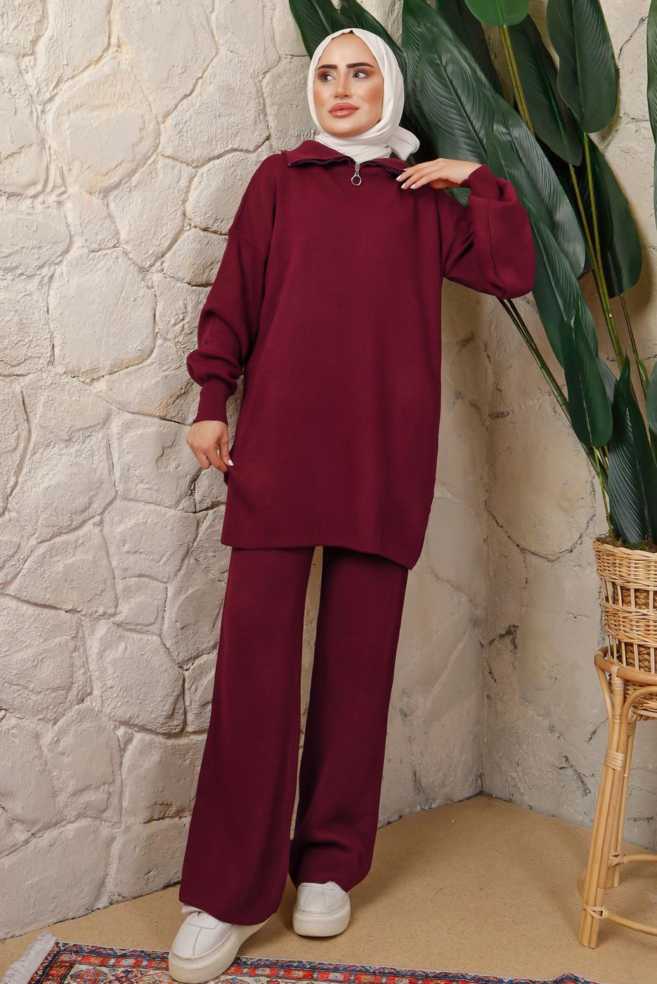 Tesettür giyim BORDO FERMUAR YAKA PANTOLONLU TRİKO TAKIM T 4208