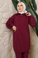 Tesettür giyim BORDO FERMUAR YAKA PANTOLONLU TRİKO TAKIM T 4208