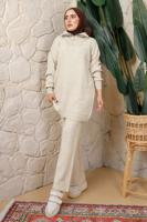 Tesettür giyim EKRU FERMUAR YAKA PANTOLONLU TRİKO TAKIM T 4208