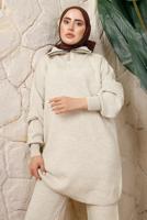 Tesettür giyim EKRU FERMUAR YAKA PANTOLONLU TRİKO TAKIM T 4208