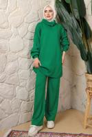 Tesettür giyim YEŞİL FERMUAR YAKA PANTOLONLU TRİKO TAKIM T 4208