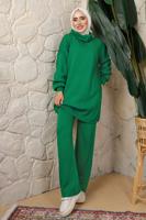 Tesettür giyim YEŞİL FERMUAR YAKA PANTOLONLU TRİKO TAKIM T 4208