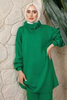 Tesettür giyim YEŞİL FERMUAR YAKA PANTOLONLU TRİKO TAKIM T 4208