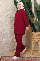 Tesettür giyim BORDO FERMUAR YAKA PANTOLONLU TRİKO TAKIM T 4208