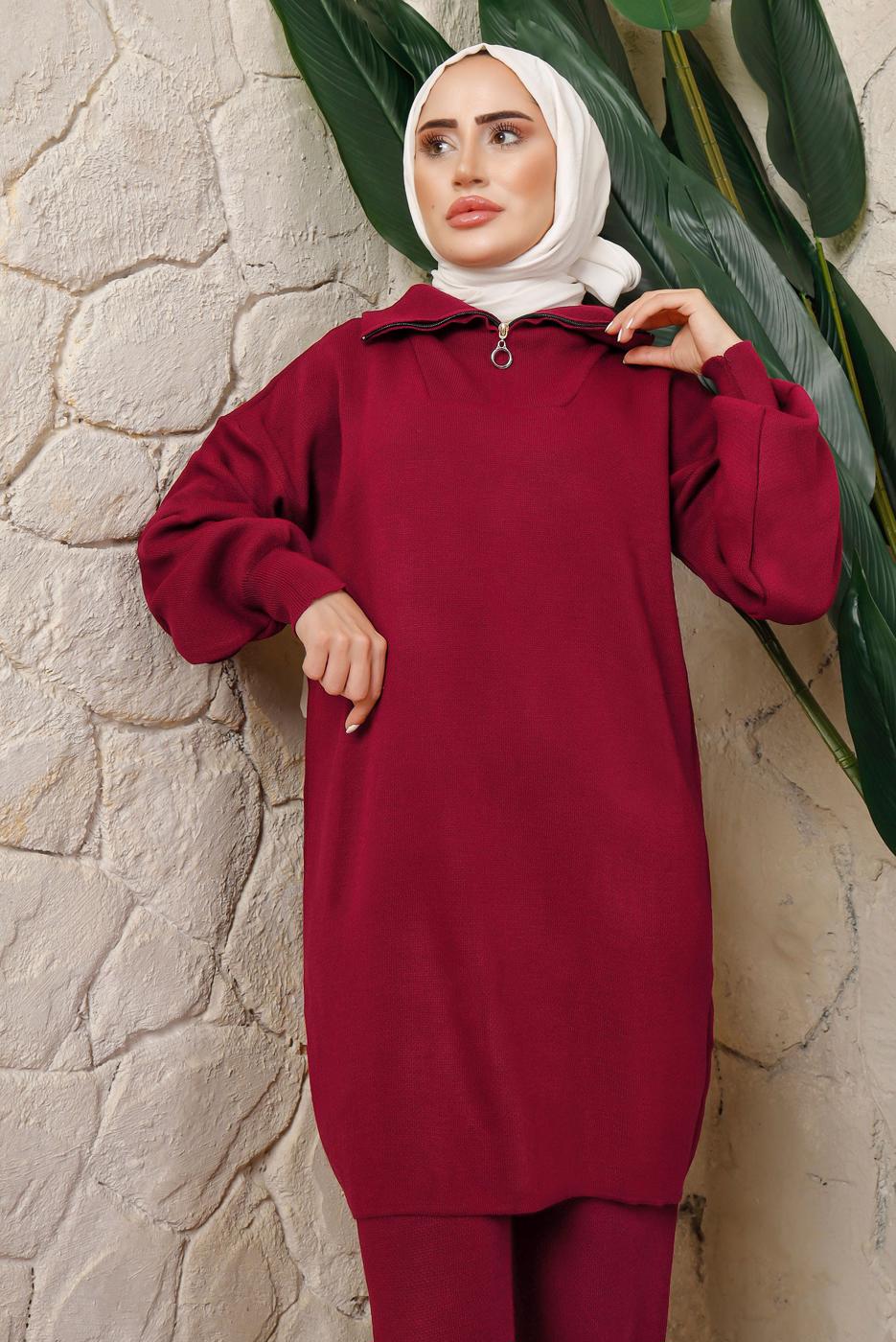 Tesettür giyim BORDO FERMUAR YAKA PANTOLONLU TRİKO TAKIM T 4208
