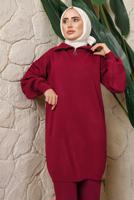 Tesettür giyim BORDO FERMUAR YAKA PANTOLONLU TRİKO TAKIM T 4208