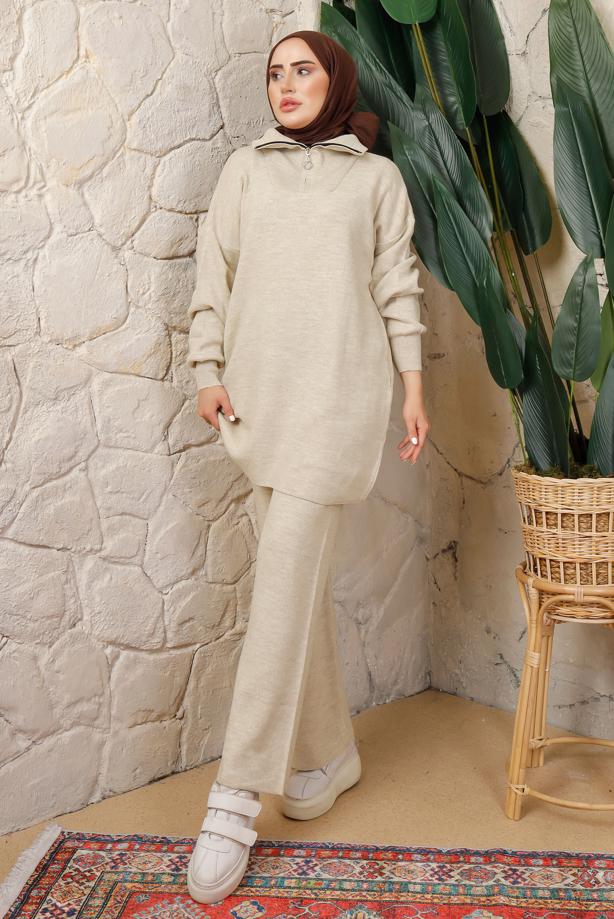 Vêtements hijab  KNITWEAR PANTS SUIT WITH ELASTIC WAIST T 4208 - TRENDTESETTÜR