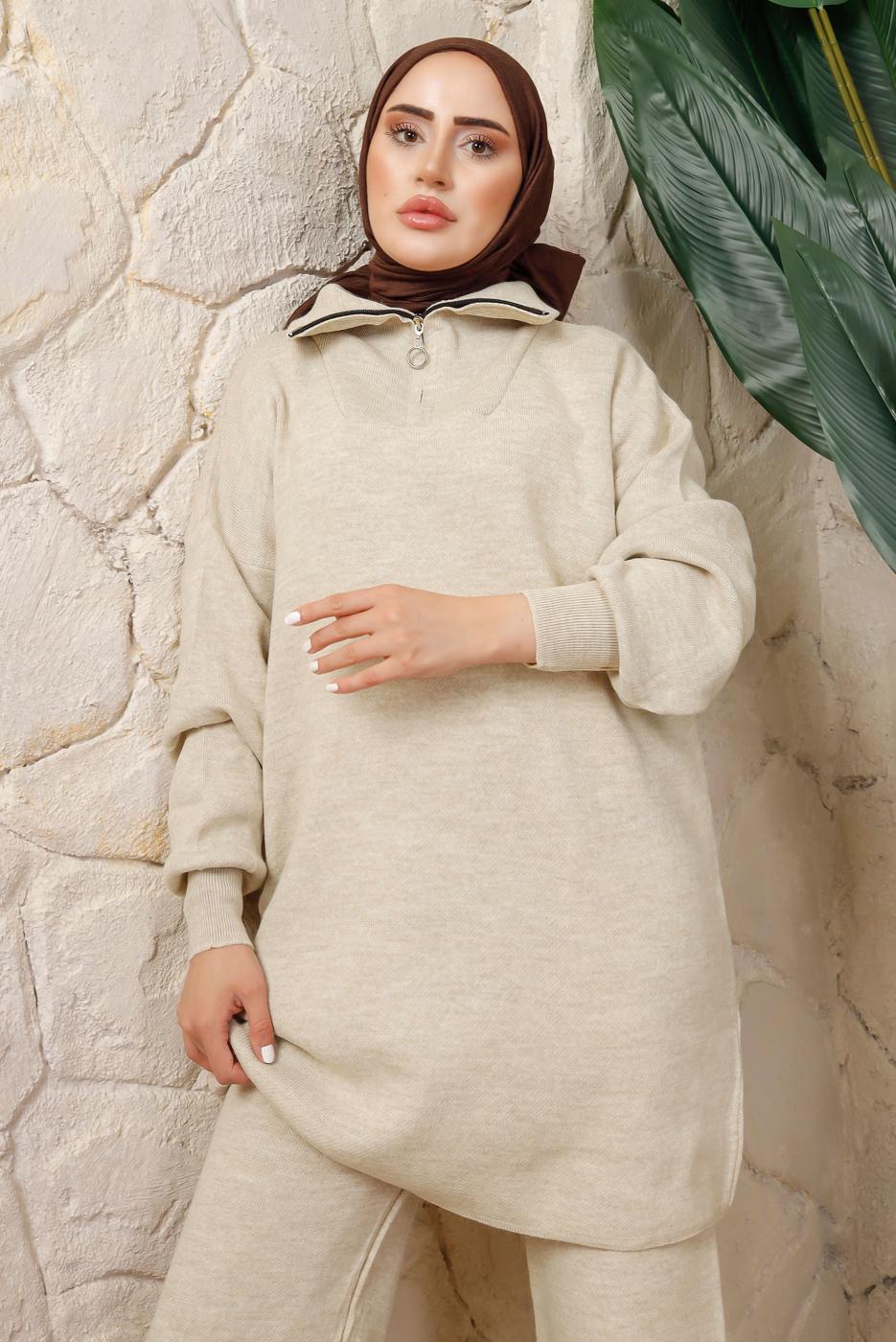 Hijab clothing BEIGE KNITWEAR PANTS SUIT WITH ELASTIC WAIST T 4208