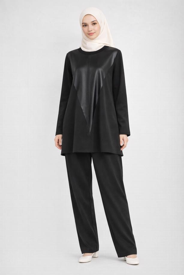 Tesettür giyim SİYAH ALVİNA PANTOLONLU TAKIM T 44288 - TRENDTESETTÜR