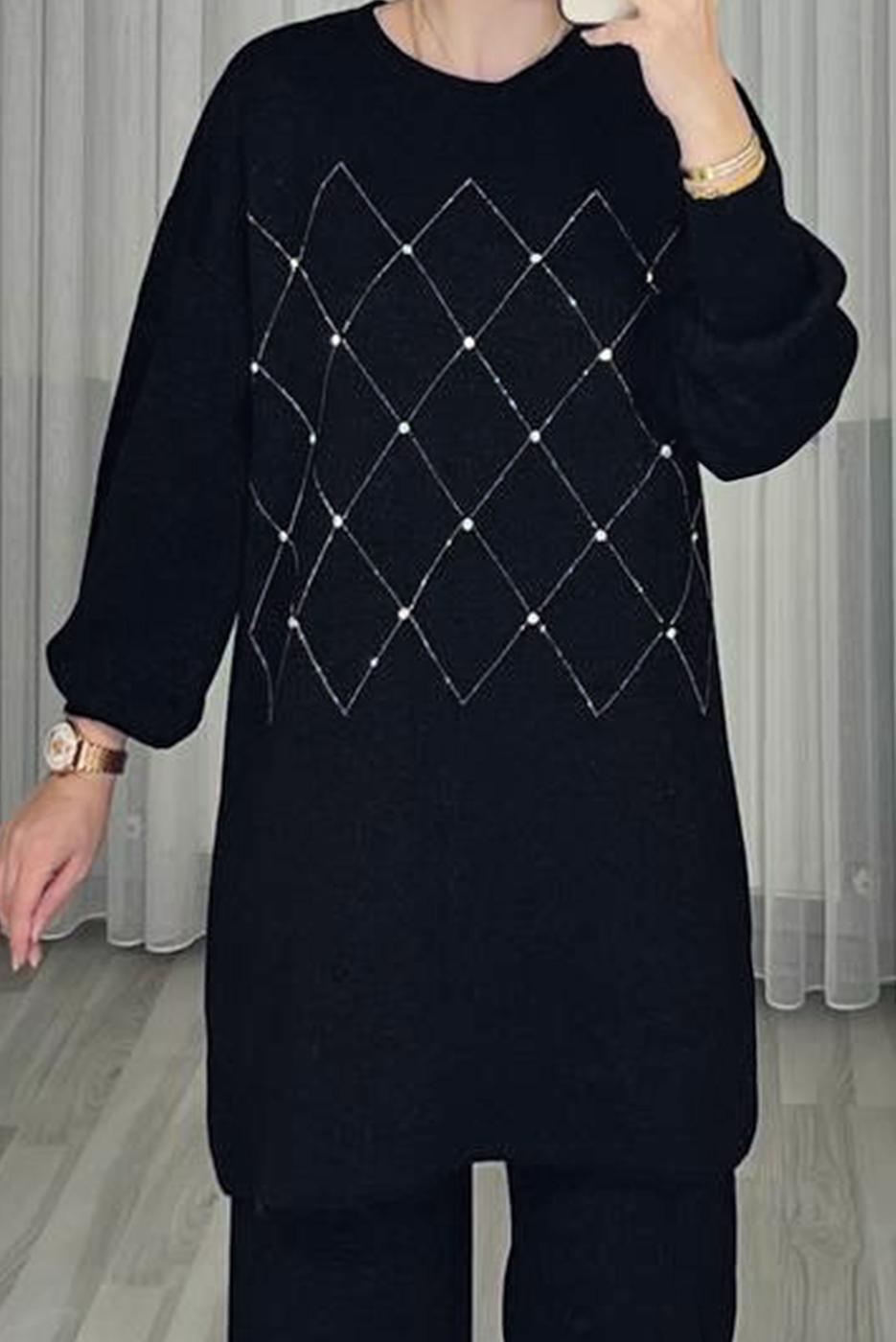 Tesettür giyim SİYAH TAŞ DETAYLI PANTOLONLU TRİKO TAKIM T 44421