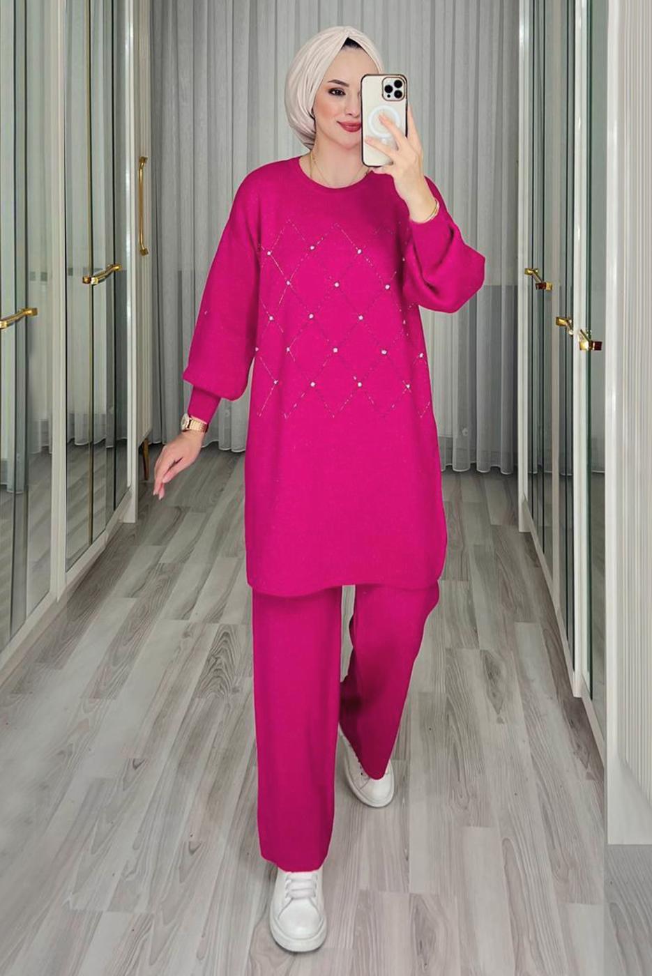 Tesettür giyim FUŞYA TAŞ DETAYLI PANTOLONLU TRİKO TAKIM T 44421