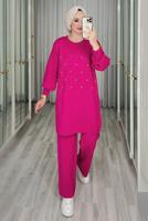 Tesettür giyim FUŞYA TAŞ DETAYLI PANTOLONLU TRİKO TAKIM T 44421
