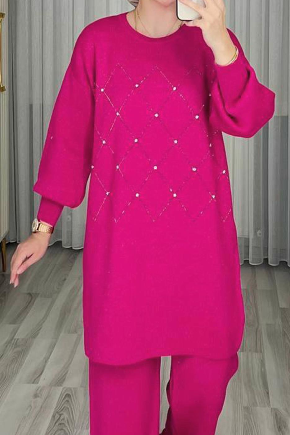 Tesettür giyim FUŞYA TAŞ DETAYLI PANTOLONLU TRİKO TAKIM T 44421