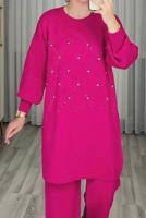 Tesettür giyim FUŞYA TAŞ DETAYLI PANTOLONLU TRİKO TAKIM T 44421