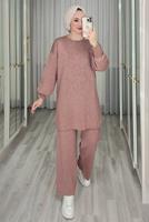 Tesettür giyim PUDRA TAŞ DETAYLI PANTOLONLU TRİKO TAKIM T 44421