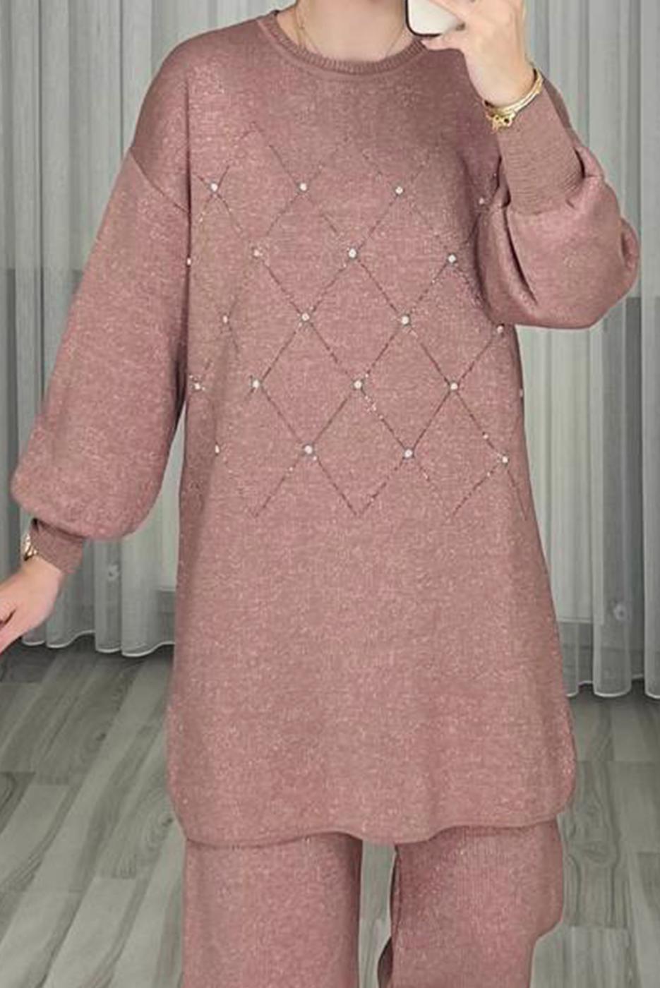 Tesettür giyim PUDRA TAŞ DETAYLI PANTOLONLU TRİKO TAKIM T 44421