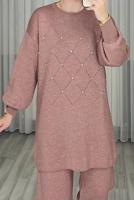 Tesettür giyim PUDRA TAŞ DETAYLI PANTOLONLU TRİKO TAKIM T 44421