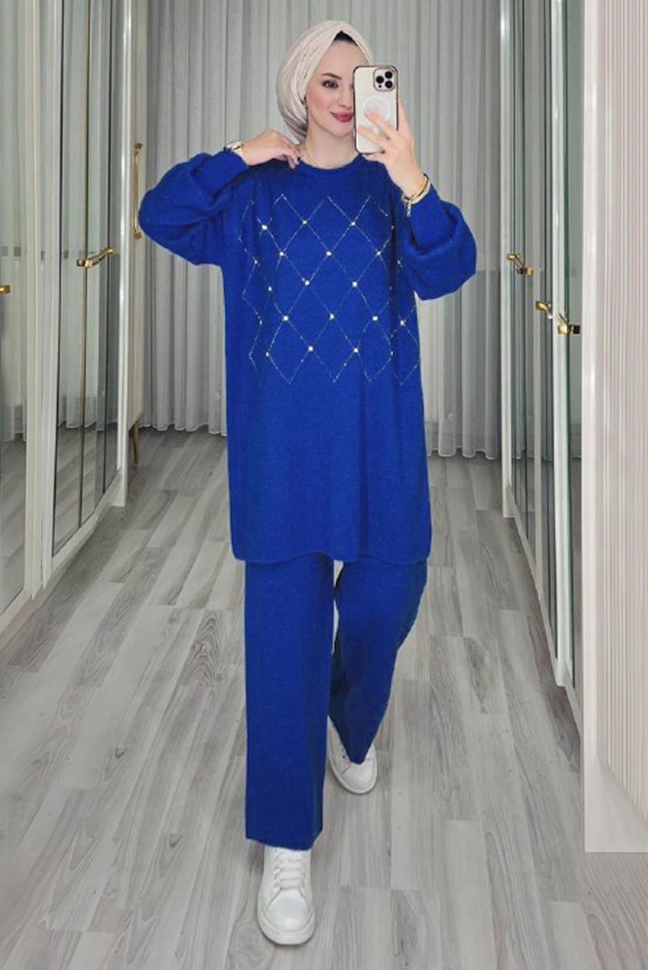 Tesettür giyim LACİVERT TAŞ DETAYLI PANTOLONLU TRİKO TAKIM T 44421