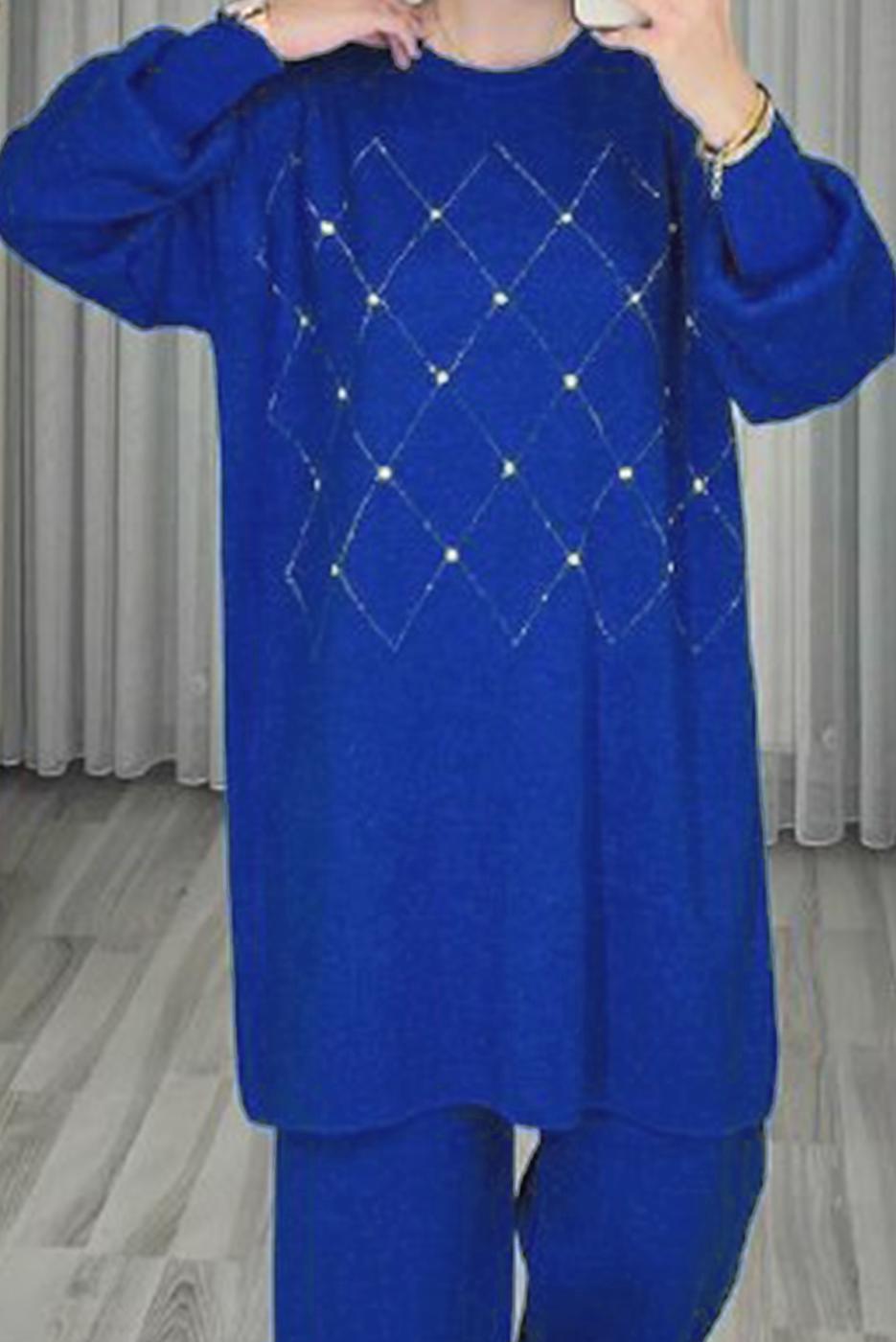 Tesettür giyim LACİVERT TAŞ DETAYLI PANTOLONLU TRİKO TAKIM T 44421