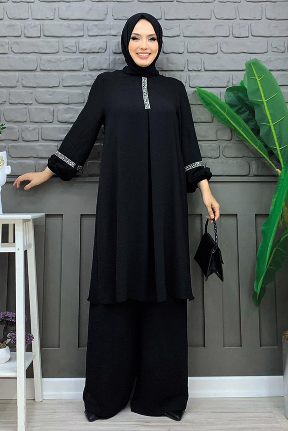 Tesettür giyim SİYAH TAŞLI PANTOLONLU TAKIM T 4648