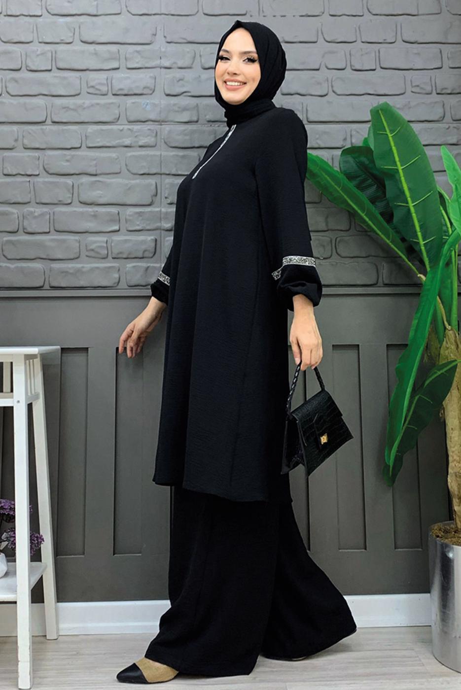 Tesettür giyim SİYAH TAŞLI PANTOLONLU TAKIM T 4648