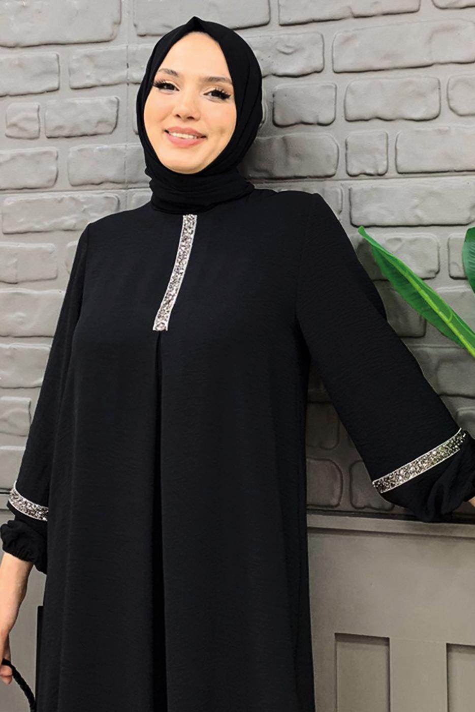 Tesettür giyim SİYAH TAŞLI PANTOLONLU TAKIM T 4648