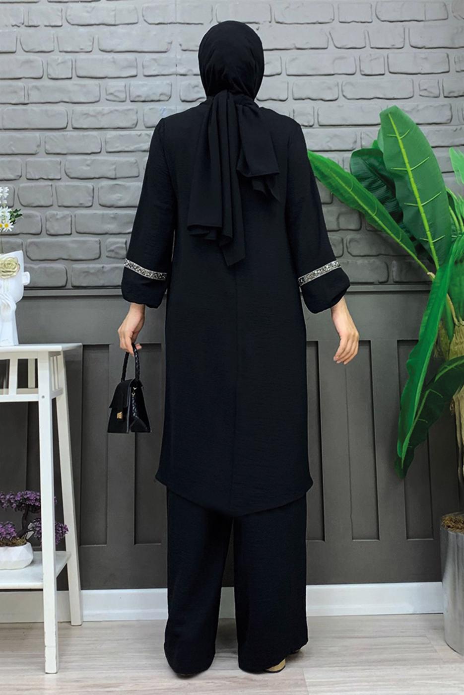 Tesettür giyim SİYAH TAŞLI PANTOLONLU TAKIM T 4648