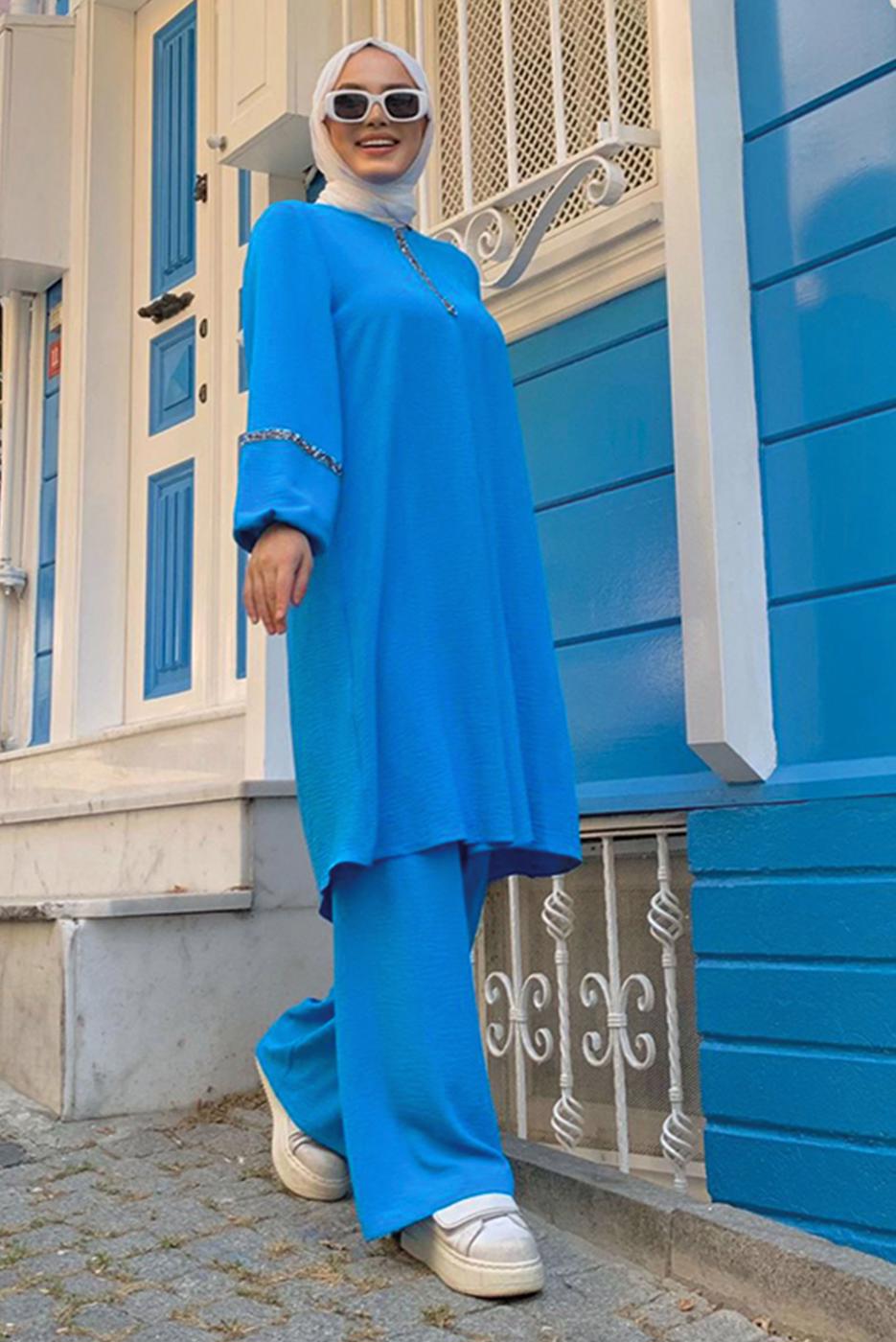 Tesettür giyim MAVİ TAŞLI PANTOLONLU TAKIM T 4648