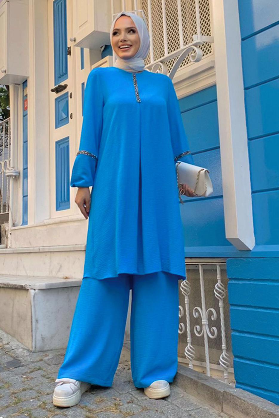 Tesettür giyim MAVİ TAŞLI PANTOLONLU TAKIM T 4648