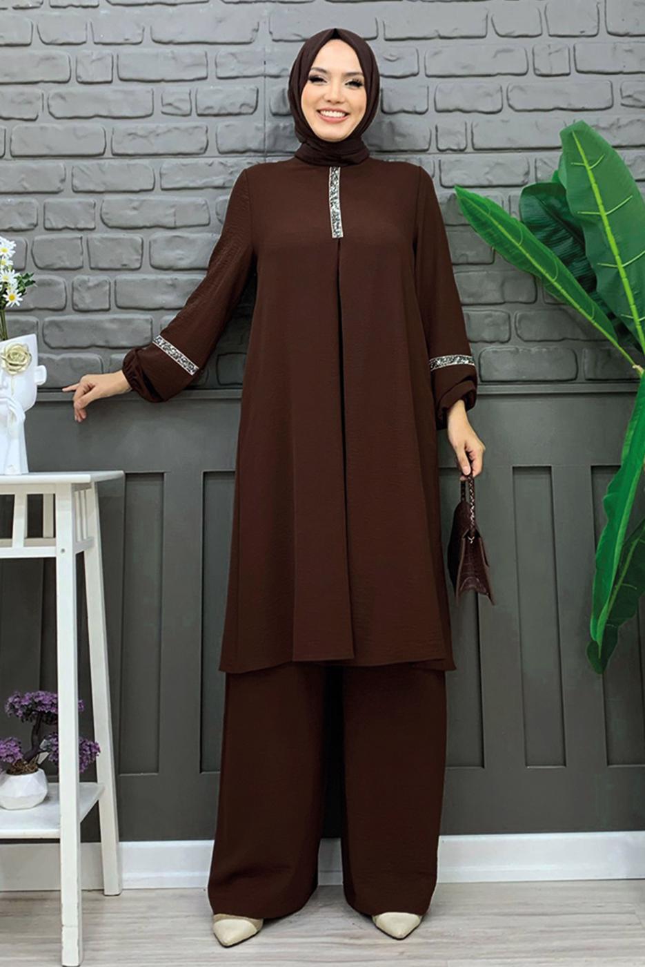 Tesettür giyim KAHVE TAŞLI PANTOLONLU TAKIM T 4648