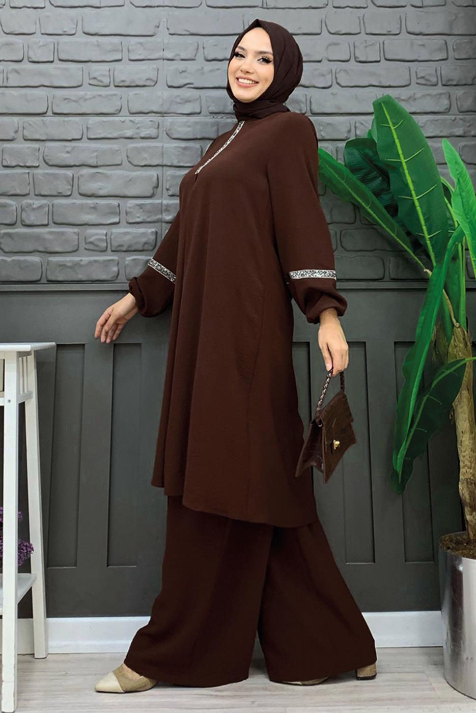 Tesettür giyim KAHVE TAŞLI PANTOLONLU TAKIM T 4648