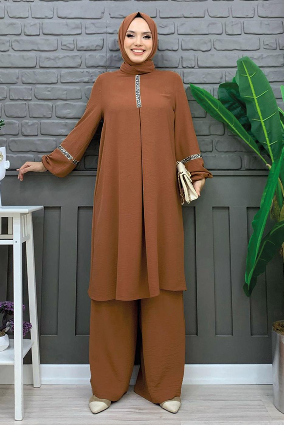 Tesettür giyim TABA TAŞLI PANTOLONLU TAKIM T 4648