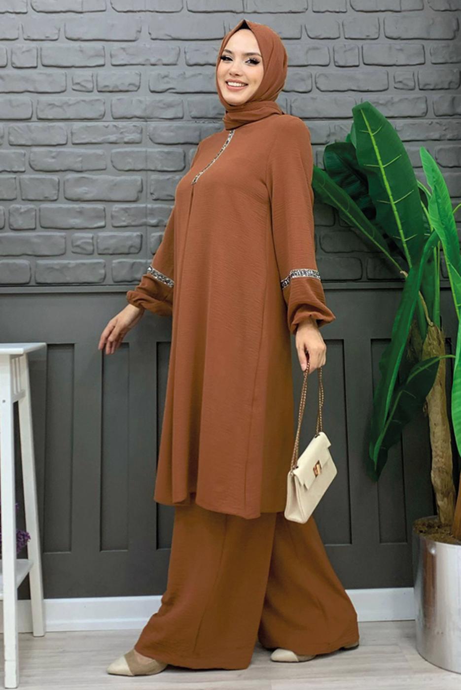 Tesettür giyim TABA TAŞLI PANTOLONLU TAKIM T 4648